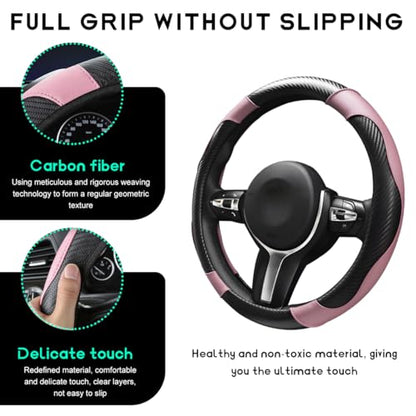 Car Steering Wheel Cover, 15 inch Carbon Fiber Microfiber Leather Elastic Steering Wheel Protector, Breathable Anti-Slip Comfortable Steering Wheel Covers for Most Cars (Black&Pink) - color: Black&Pink