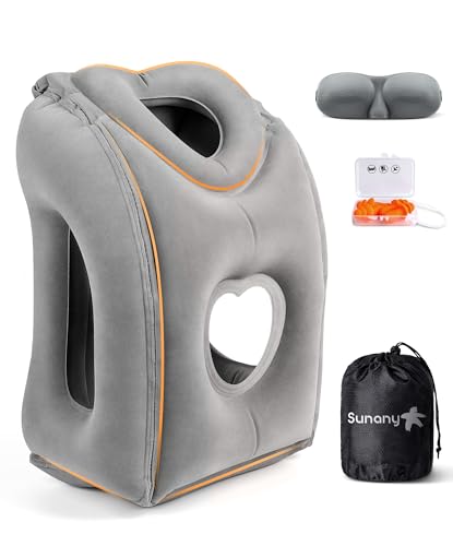 Sunany Travel Pillow, Upgraded Plane Pillow for Long Flights, Inflatable Neck Pillow Used for Airplanes,Cars,Buses,Trains,Office Napping with Eye Mask,Earplugs (Gray) - color: Grey (Head Heart-shape&sloping Base)