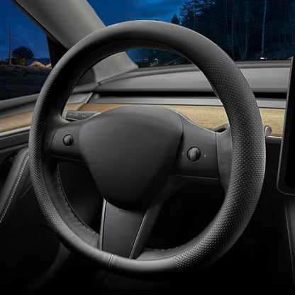 LKWLIKEI Nappa Leather Ultra-Thin Steering Wheel Cover, for Tesla Model 3/Y Steering Wheel Cover, Non-Slip Design and Interior Modification of car Accessories (Black) - color: Black2