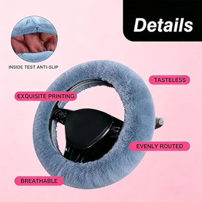 1 Set 6 Pcs Fluffy Car Steering Wheel Cover & Seat Belt Shoulder Pads & Handbrake Cover & Gear Shift Cover Set & Seat Belt Shoulder Pads Faux Wool Universal Fit Car Interior Accessories (Grey) - color: Grey