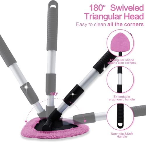 Windshield Cleaner Tool 22.5" L - Car Interior&Exterior Window Cleaning Kit with Extendable Handle&4 Microfiber Pads and Thick Large Wash Sponge, Auto Glass Wiper Brush Kit for Cars Home (7pcs Pink) - color: Pink