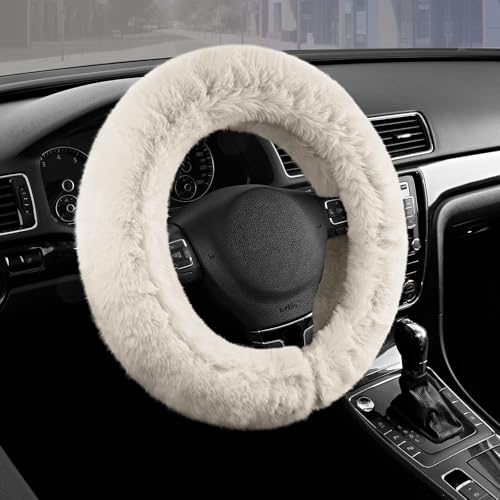 Road Comforts Steering Wheel Cover, Fluffy Car Wheel Covers for Women/Girls/Ladies，Soft Wool Fur Steering Wheel Protector, Universal 14 1/2 inches to 15 inches - White - color: White