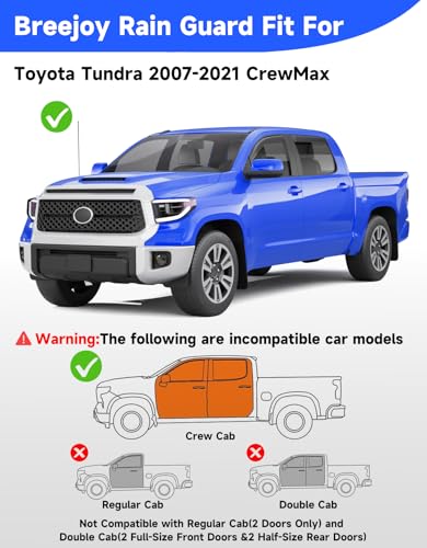 in-Channel Rain Guards Fit for Trucks Toyota Tundra 2007-2021 CrewMax, Extra Durable Window Rain Guards Visors Vent Visors Window Deflector Vent Shades Car Accessories -4 pcs - size: For 2007-2021 Toyota Tundra CrewMax