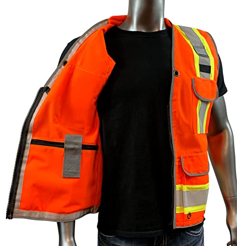 REXZUS A Reflective Vest Class 2 Heavy Woven Two Tone Engineer Hi Viz Safety Vest 3M 8712 Tape - color: Orange, size: Medium-Large