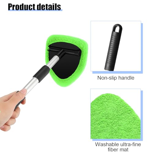 Car Windshield Cleaner Tool, Vehicle Window Detailing Cleaning Kit with Extendable Handle & 4 Washable Microfiber Pad, Auto Glass Wiper Cleaner for Exterior & Interior, Universal Fit (Green) - color: Green