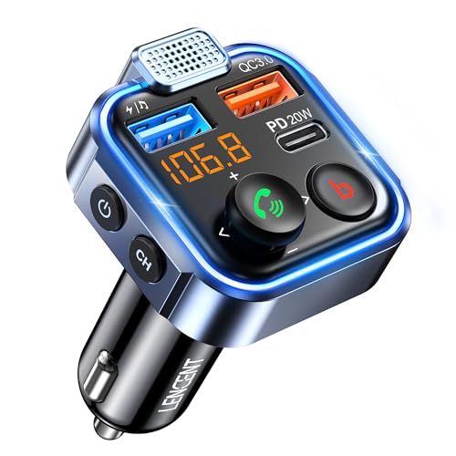 LENCENT FM Transmitter in-Car Adapter, Type-C PD 20W+ QC3.0 Fast USB Charger, Wireless Bluetooth 5.3 Radio Car Kit, Hands-Free Calling, MP3 Player Receiver Hi Fi Bass, Support U Disk - size: Blue-38W