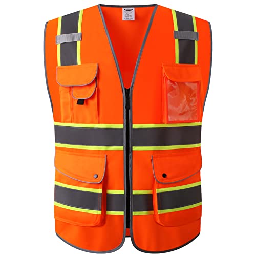 JKSafety 9 Pockets High Visibility Zipper Front Safety Vest | Orange with Dual Tone High Reflective Strips | Meets ANSI/ISEA Standards (901-Orange, Medium) - color: Orange Yellow Strips, size: Medium