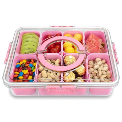 Divided Serving Tray with Lid and Handle,8 Compartments Snacks Box,Snack Fruit Tray,Veggie Tray,Portable Platter for Candy Fruits Nuts Snack Party Entertaining Picnic (2PCS Pink) - color: 2pcs Serving Tray-pink