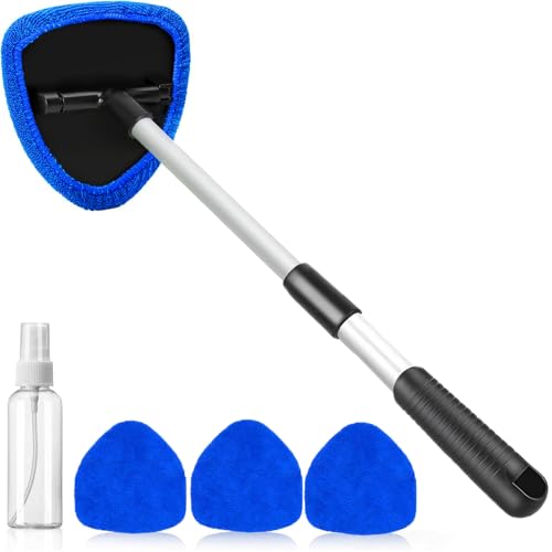desin Windshield Cleaning Tool, Car Window Cleaner Windshield Cleaner with 4 Reusable and Washable Microfiber Pads and Extendable Handle Auto Inside Glass Wiper Kit (Dark Blue) - color: Dark Blue