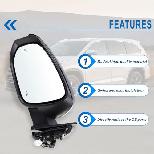 Left Driver Side Mirror Compatible With 2014-2019 Toyota Highlander With Manual Folding Power Glass Heated Turn Signal Blind Spot Black Replaces #87940-0E272 TO1320361 (7Pins) ﻿ ﻿ - color: Black, size: 7Pins-Left