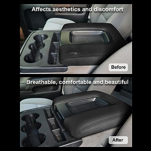 SecosAutoparts Black Leather Center Console Leather Lid Armrest Cover Replacement Gray Stitch Compatible with Chevy Silverado Compatible with GMC Sierra 2014 2015 2016 2017 2018 - color: Black Leather & Gray Stitch