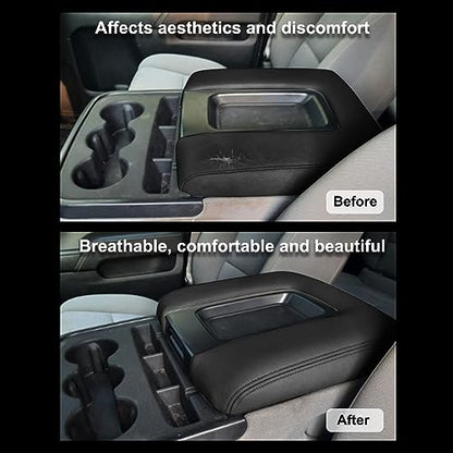 SecosAutoparts Black Leather Center Console Leather Lid Armrest Cover Replacement Gray Stitch Compatible with Chevy Silverado Compatible with GMC Sierra 2014 2015 2016 2017 2018 - color: Black Leather & Gray Stitch