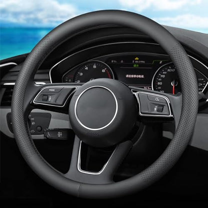 XHRING Car Steering Wheel Cover for Toyota Tacoma 2012-2026 Tundra 2000-2026 4Runner 10-2026 Sequoia 14-2026 2/4 Door SR5 Trail Limited Platinum TRD Pro Off Road 4x4 Sport Accessories, Leather Black L