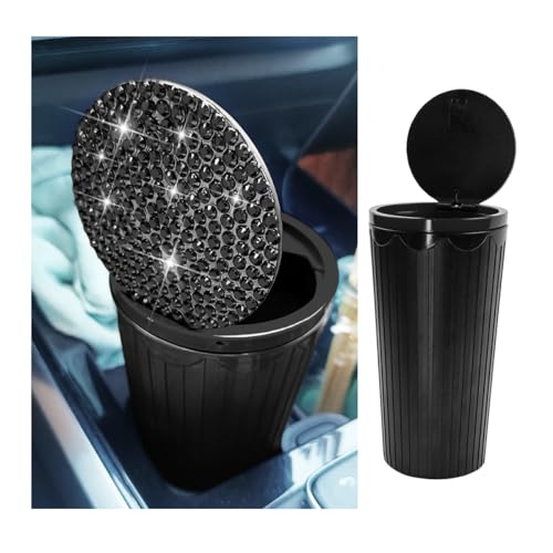 Bling Car Trash Can with Lid, Crystal Rhinestones Portable Mini Vehicle Cup Holder Garbage Bin for Woman Girl, Automotive Interior Dustbin Accessories, Universal for SUV Sedan Truck (Black) - color: Black