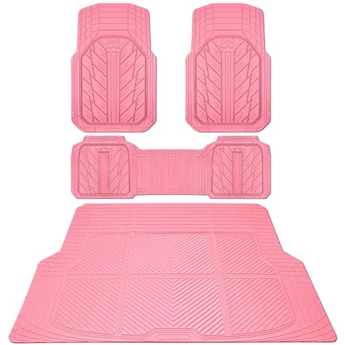 CAR PASS Floor Mats for Cars M-L Size, Heavy Duty Rubber Floor Mats with Trunk Cargo Liner, Universal Trim-to Fit Automotive Floor mats for Truck Van SUV Waterproof All Weather Car Mats All Pink - color: Pure Pink