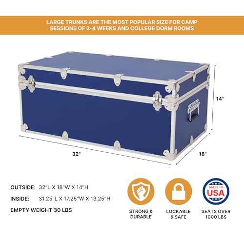Rhino Trunk & Case Large Essential Trunk With Wheels 32”x18”x14”, 1000+ lbs Capacity - Many Colors. Strong, USA Made Summer Camp Footlocker, and Secure College Dorm Storage Chest - color: Royal Blue