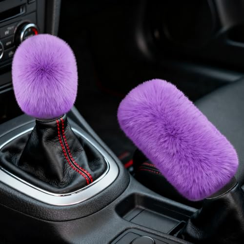 2PCS Plush Car Gear Shift Knob Cover & Handbrake Cover, Shift Knob Protector, Soft Fluffy Gear Handbrake Protective Sleeves, Shifter Lever Brake Handle Warm Plush Set for Cars (Purple) - color: Purple