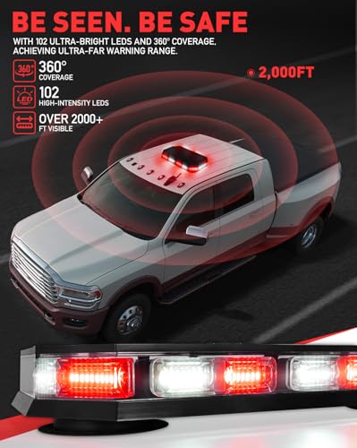 HLauto 406D Rooftop Emergency Strobe Lights Bar, 102 LED Red White Mini Beacon Safety Flashing Warning Traffic Lights Bar w/Magnetic Base for 12-24V Trucks, Construction Vehicles, Snowplow, Cars - color: Red/White