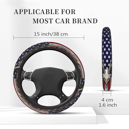 Camouflage Deer American Flag Steering Wheel Cover for Men, Anti-Slip Elastic Breathable Soft Rubber Car Steering Wheel Protective Cover, Universal 15 Inch Fit for Cars, Auto, SUVs
