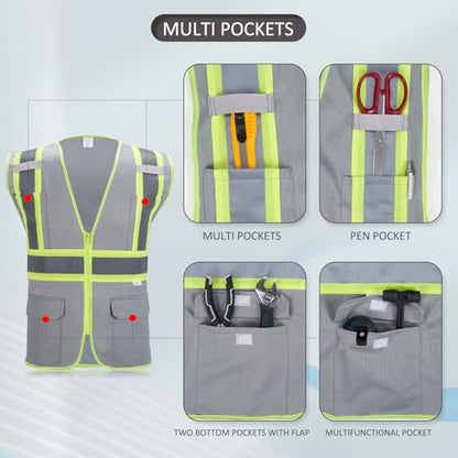 High Visibility Reflective Safety Vest with Zipper and Pockets Grey,M - color: Grey, size: Medium