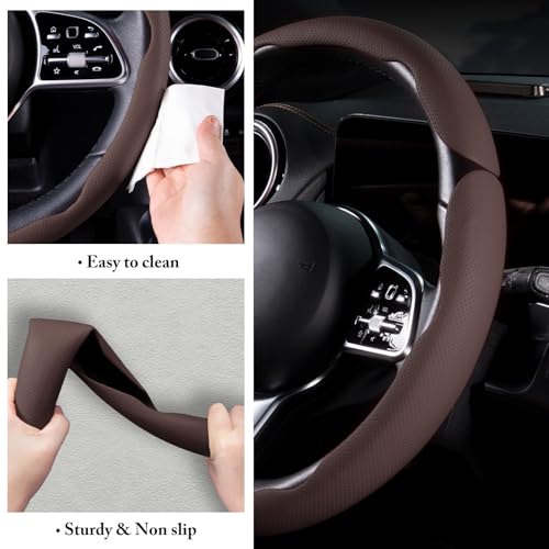 Car Steering Wheel Cover Leather Snap On 3Pcs Set Non-Slip Protector Wrap Steering Wheel Accessories 14.5-15 inch Universal Brown - color: Brown