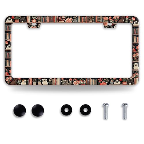 Cute Dog License Plate Frame Bookshelf Animal Flower License Plate Frames Funny Pet Stainless Steel Accessories Cars Decor with 2 Holes and Screws Fits Standard Us Ca Vehicles Holder 12.2 X 6 Inch - color: Cute Dog