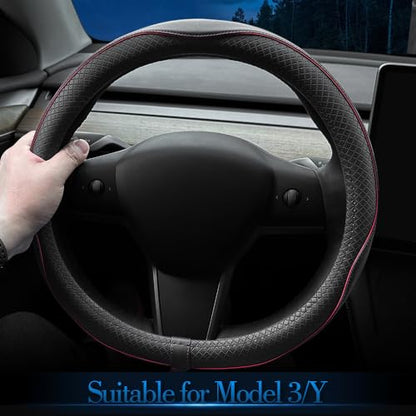 LKWLIKEI Nappa Leather Ultra-Thin Steering Wheel Cover, for Tesla Model 3/Y Steering Wheel Cover, Non-Slip Design and Interior Modification of car Accessories （Black and Red） - color: Black and Red