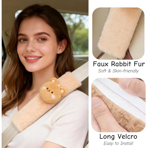 2 PCS Seat Belt Cover Pad, Cute Kawaii Animal Bear Seatbelt Covers for Kids and Adults, Winter Plush Fluffy Soft Seat Belt Cover, Cartoon Seatbelt Cushion,Car Seat Strap Pads (F-Bear) - color: F-Bear