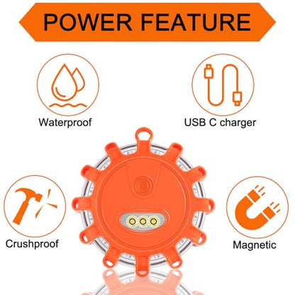 Meliya USB C Rechargeable LED Road Flares Emergency Lights with Magnetic Base, 9 Strobe Options Roadside Emergency Warning Car Safety Beacon Flashing Disc Flare Kit (Orange Lights, 3 Pack) - color: Orange Lights