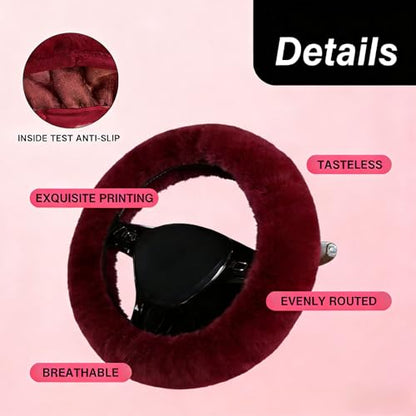 1 Set 6 Pcs Fluffy Car Steering Wheel Cover & Seat Belt Shoulder Pads & Handbrake Cover & Gear Shift Cover Set & Seat Belt Shoulder Pads Faux Wool Universal Fit Car Interior Accessories (Wine Red) - color: Wine Red
