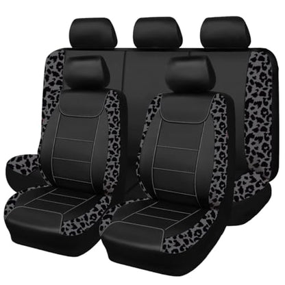 Flying Banner Carbon Fiber Leather Vehicle Seat Covers, Leopard Gray Black, Universal Fit - 8PCS - color: Leopard Gray Black, size: Full Set -- 8pcs