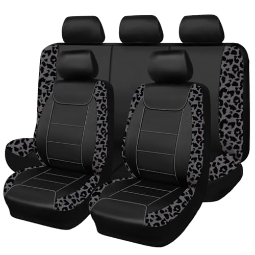 Flying Banner Carbon Fiber Leather Vehicle Seat Covers, Leopard Gray Black, Universal Fit - 8PCS - color: Leopard Gray Black, size: Full Set -- 8pcs