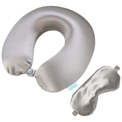 Bliss Neck Pillow Set - Lightweight U-Shaped Memory Foam Satin Travel Neck Pillow with Snap Closure and Matching Eye Mask for Airplane, Car, Office, and Camping, Silver - color: Silver