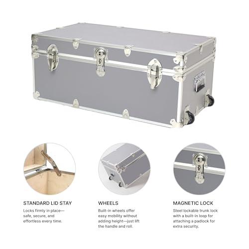 Rhino Trunk & Case Large Essential Trunk With Wheels 32”x18”x14”, 1000+ lbs Capacity - Many Colors. Strong, USA Made Summer Camp Footlocker, and Secure College Dorm Storage Chest - color: Gray