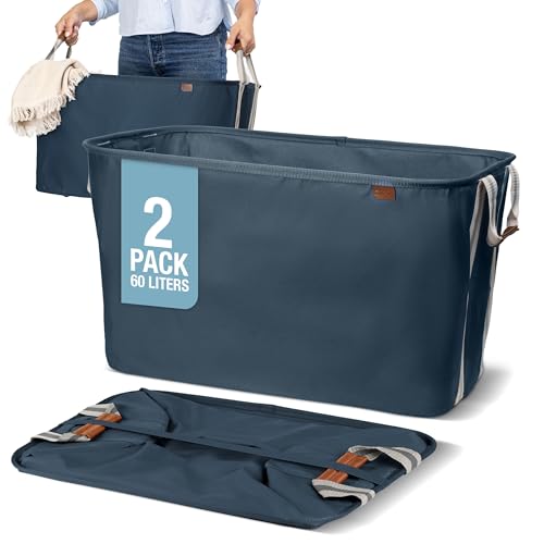 CleverMade Collapsible Laundry Basket LUXE 2 Pack – 60 L (16 Gal) Foldable Cotton Blend Clothes Hamper with Vegan Leather Accents, Reinforced Handles, Space Saving Laundry Bin Holds 55 lbs - Navy - color: Navy Noir