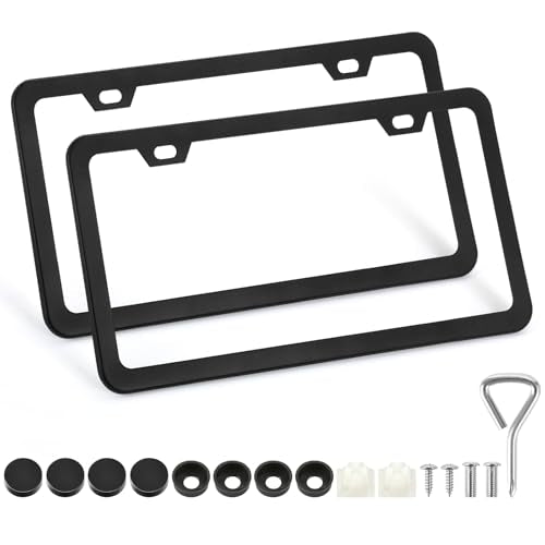 2 Pack License Plate Frames, 2 Holes Matte Black License Plate Frame,Aluminum License Plate Holder with Free Screws Fasteners Caps and Tool - color: Black-2 Holes