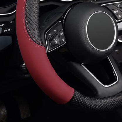 LABBYWAY Steering Wheel Cover, Universal Fit 15 Inch Microfiber Leather Car Wheel Protector, Anti-Slip, Claret - color: black&claret