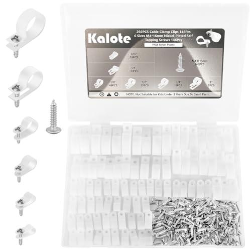 292PCS Cable Clamps, Cable Clips for Management Cord Organizer, 6 Sizes-3/16'' 1/4'' 3/8'' 1/2'' 3/4'' 1'' White PA66 Nylon R-Type Plastic Screw Mounting Cord Clamp Assortment Kit with M4 Screws - color: 292 White