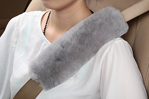 U&M 2 Pack Genuine Sheepskin Auto Seat Belt Cover for Adult Youth Kid Toddlers -Soft Warm Car, Truck, SUV, Camera Backpack Strap Shoulder Pad Wool Fluffy - color: grey