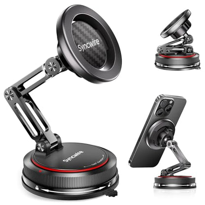 SYNCWIRE for MagSafe Car Mount [3-Axis] Nano Adhesive Gel + Strong Suction Cup Magnetic Phone Holder for Dashboard & Windshield, 360° Adjustable for iPhone 17 16 15 14 13 12, Samsung, Carbon Fiber - style: 3-Axis | Carbon Fiber