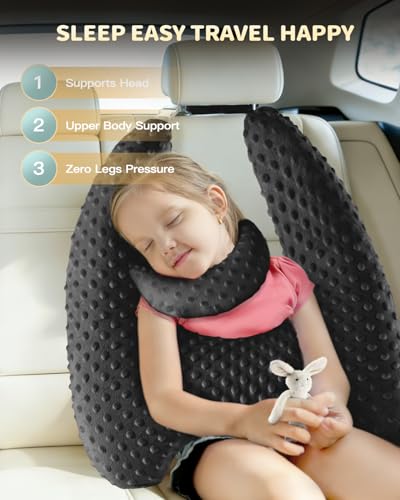 Memory Foam Kids Travel Pillow, Car Pillow for Kids, H-Shape Car Pillows for Sleeping, Removable Pillowcase, Adjustable, Velvet Dots, Black - color: Velvet Dots Black