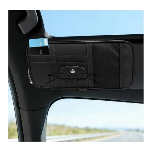 Car Sun Visor Organizer, Multi-Pocket Leather Auto Storage Pouch with Glasses Clip & Zippers, Multifunctional Sun Visor Storage Bag Ticket Organizer for Cars Trucks SUVs (Black) - color: Black
