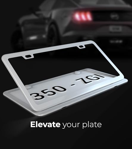 White License Plate Frame - 2-Hole Sleek Style, Stainless Steel, Premium Metal Durability, Easy Install, 2-Pack Gift Box - Matte Painted Finish - color: White(Most Pure)