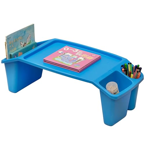 Basicwise Activity Desk Table with Built-in Cup Holder & Storage Compartments Multipurpose Lap Tray for Home Learning Art Activities Snack Time Reading & Floor-Based Task Raised-Leg Design, Blue