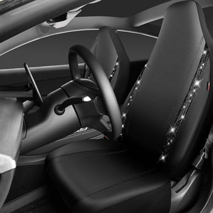 CAR PASS Leather Car Seat Covers High Back Bucket Bling Diamond Front Seats, Waterproof Universal Shining Glitter Crystal Sparkle Fit Model 3 Tesla Model Y, Truck SUV Cute Women Girl, Black Rhinestone - color: Black Rhinestone, size: Two Front Seats