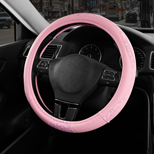 Road Comforts Steering Wheel Cover - Made with PVC Leather and Leopard Fabric - Universal 14 1/2 inches to 15 inches for Most Automotive Steering Wheel - Cheetah Print - All Pink - color: Round-All Pink