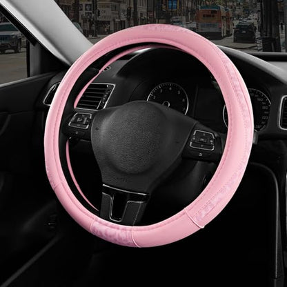 Road Comforts Steering Wheel Cover - Made with PVC Leather and Leopard Fabric - Universal 14 1/2 inches to 15 inches for Most Automotive Steering Wheel - Cheetah Print - All Pink - color: Round-All Pink