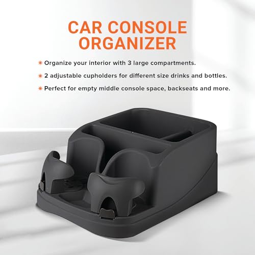 Armor All Car Console Organizer, Car Seat Organizer with 2 Adjustable Cup Holders, 3 Large Storage Compartments, Seatbelt for Secure Hold, Vehicle Middle Seat Organizer for Cars, Trucks, Minivans