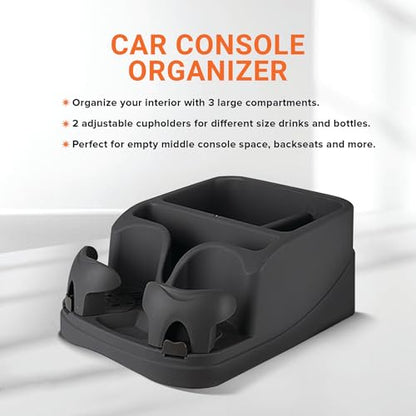 Armor All Car Console Organizer, Car Seat Organizer with 2 Adjustable Cup Holders, 3 Large Storage Compartments, Seatbelt for Secure Hold, Vehicle Middle Seat Organizer for Cars, Trucks, Minivans