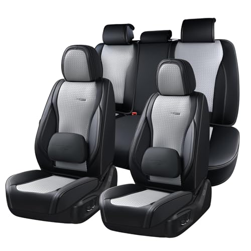 Coverado Car Seat Covers Full Set, Black Gray Seat Covers for Cars, Waterproof Nappa Leather Automotive Seat Covers with Lumbar Head Pillow, Car Seat Protectors, Universal Fit for Most Cars SUV - color: Black&Grey（Pillow）, size: FullSet